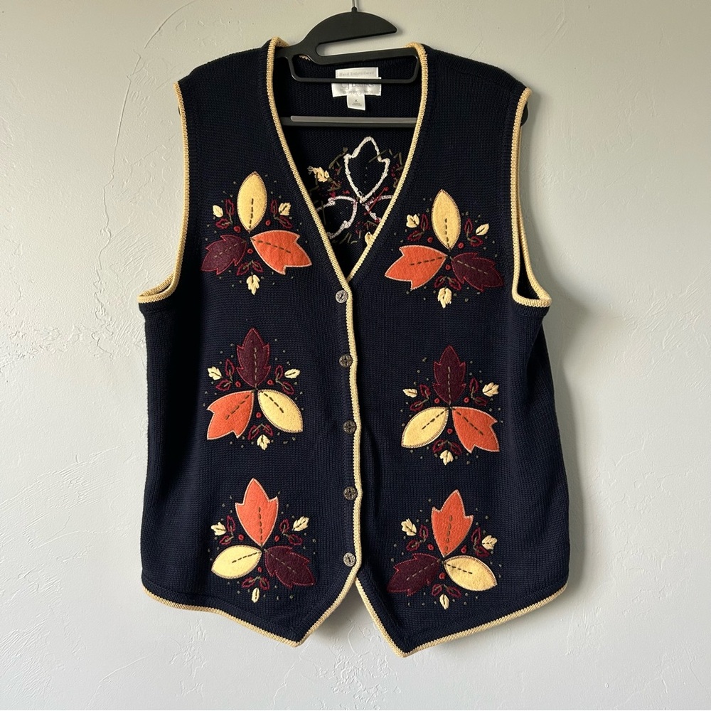 Vintage Hand Embroidered Leaf Sweater Vest Fall Cottage Grandma Whimsy 2003